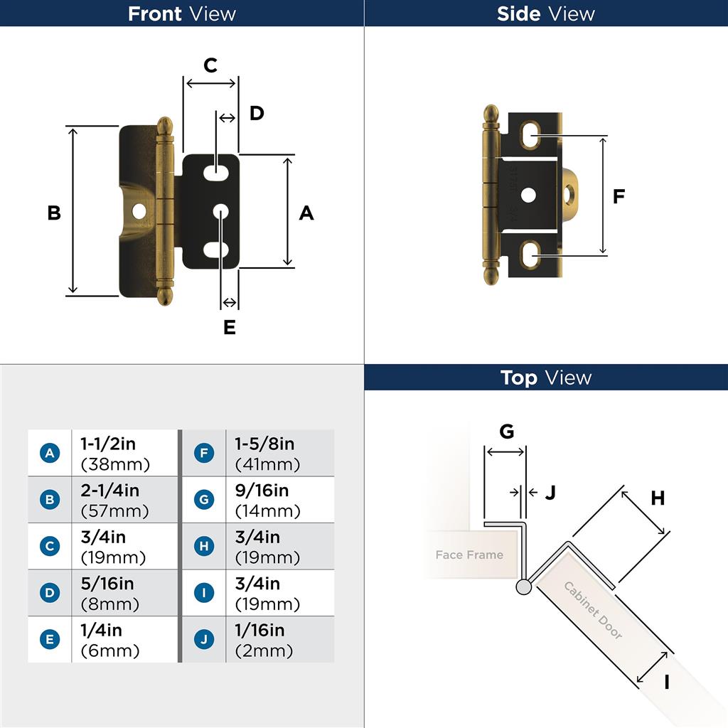 3/4 inch (19mm) Door Thickness Full Inset, Full Wrap, Ball Tip Hinge - 1 Pack