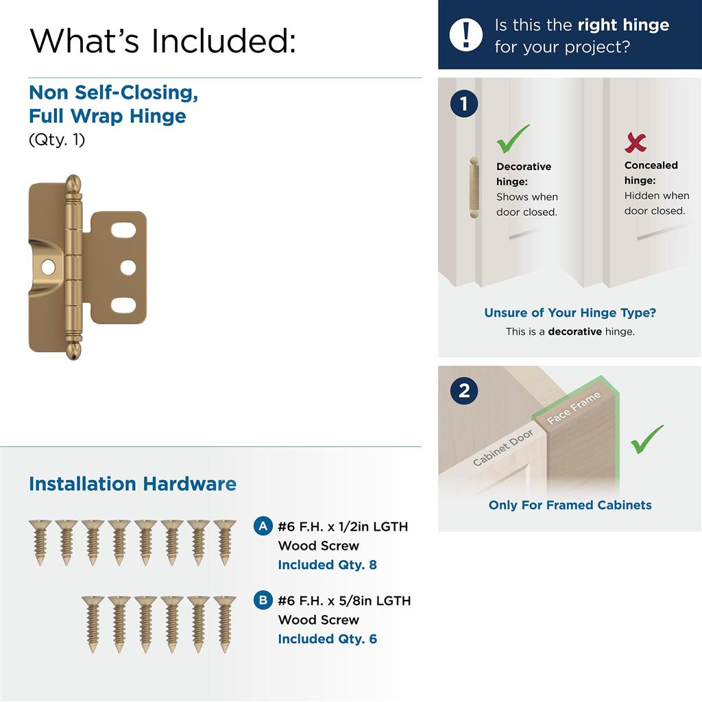 3/4 inch (19mm) Door Thickness Full Inset, Full Wrap, Ball Tip Hinge - 1 Pack
