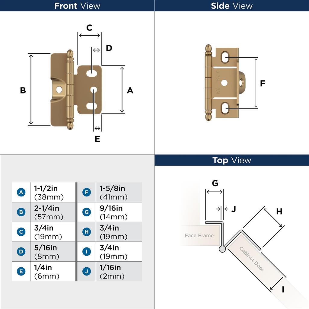 3/4 inch (19mm) Door Thickness Full Inset, Full Wrap, Ball Tip Hinge - 1 Pack