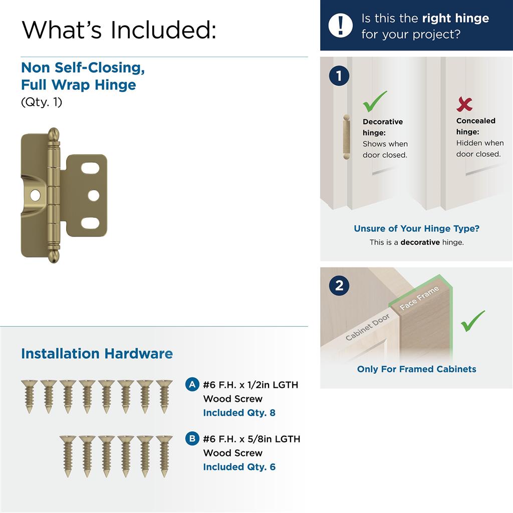 3/4 inch (19mm) Door Thickness Full Inset, Full Wrap, Ball Tip Hinge - 1 Pack