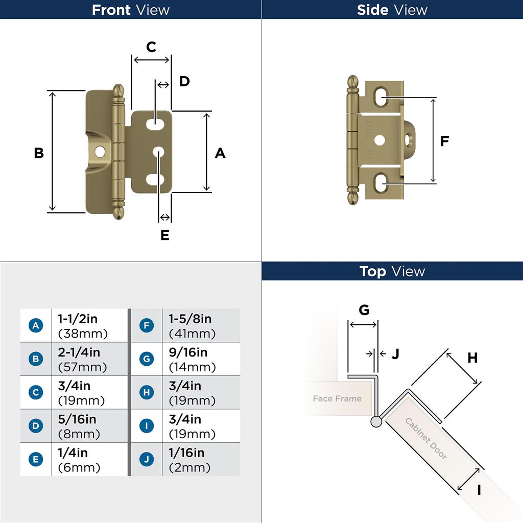 3/4 inch (19mm) Door Thickness Full Inset, Full Wrap, Ball Tip Hinge - 1 Pack