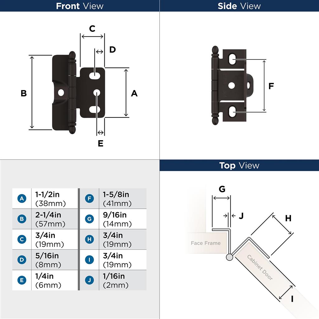 3/4 inch (19mm) Door Thickness Full Inset, Full Wrap, Ball Tip Hinge - 1 Pack