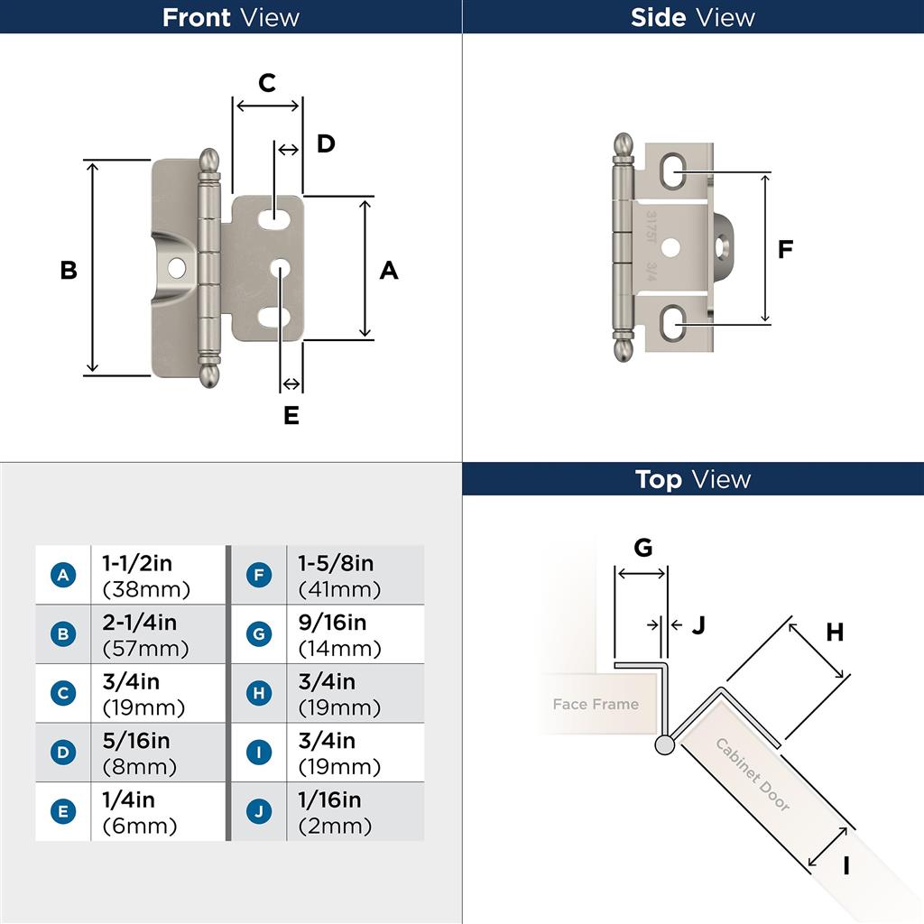 3/4 inch (19mm) Door Thickness Full Inset, Full Wrap, Ball Tip Hinge - 1 Pack