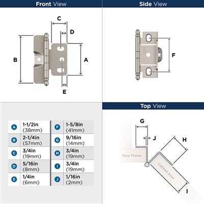 3/4 inch (19mm) Door Thickness Full Inset, Full Wrap, Ball Tip Hinge - 1 Pack